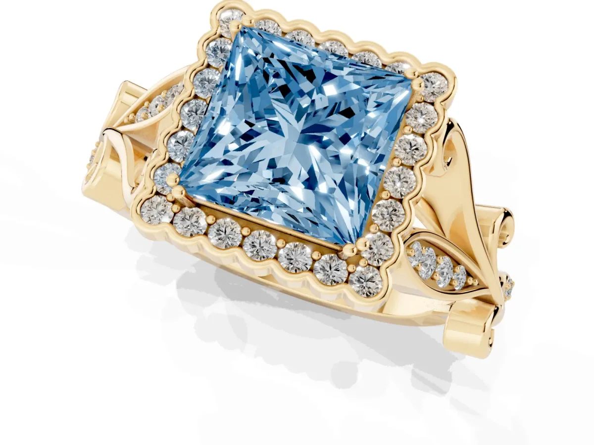 Fancy Blue Princess Cut Diamond Halo Ring with Vintage Split Shank and Four-Prong Setting Yellow gold