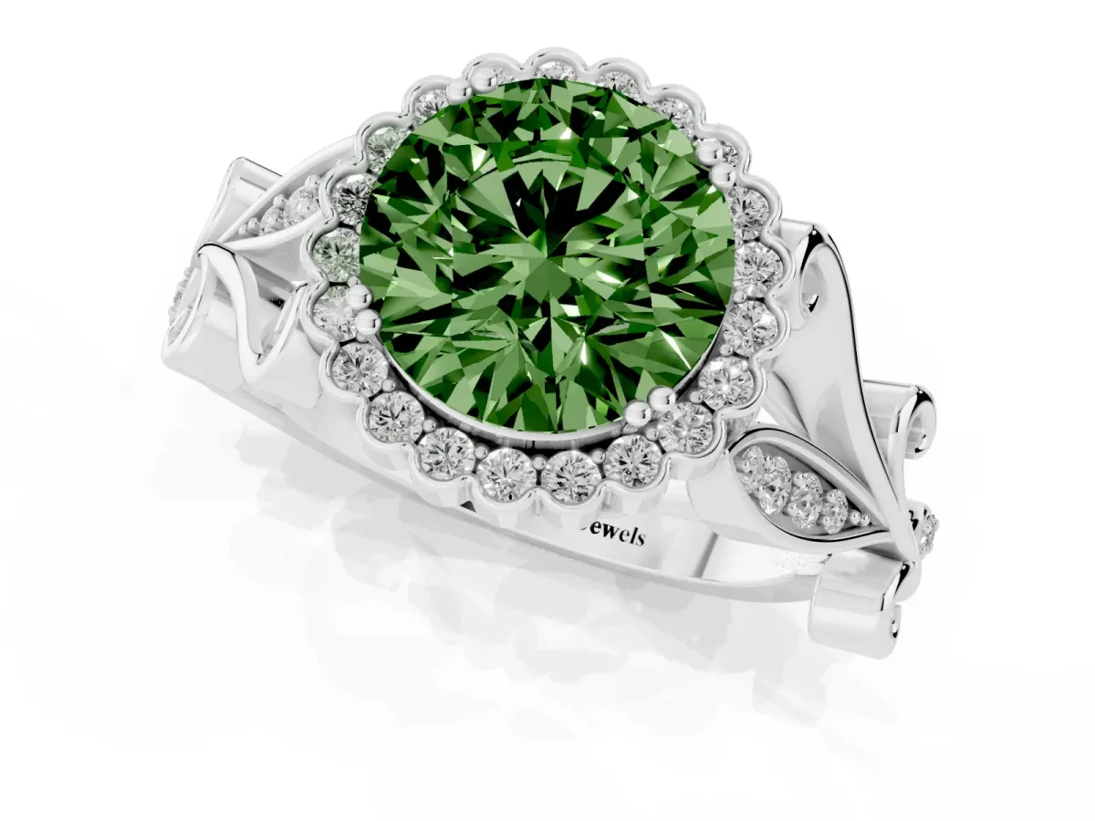 Fancy Green Round Cut Diamond Halo Ring with Vintage Split Shank and Four-Prong Setting Silver
