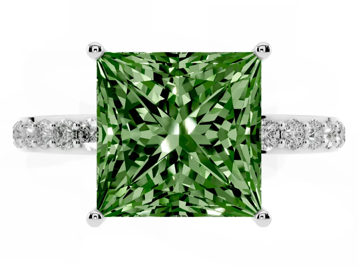 Fancy Green Princess Cut Diamond Solitaire Ring with Pavé Band and Hidden Halo Platinum