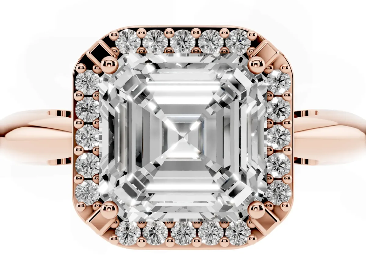 Asscher Cut Cut Diamond Halo Engagement Ring with Split Shank and Four-Prong Setting Rose gold