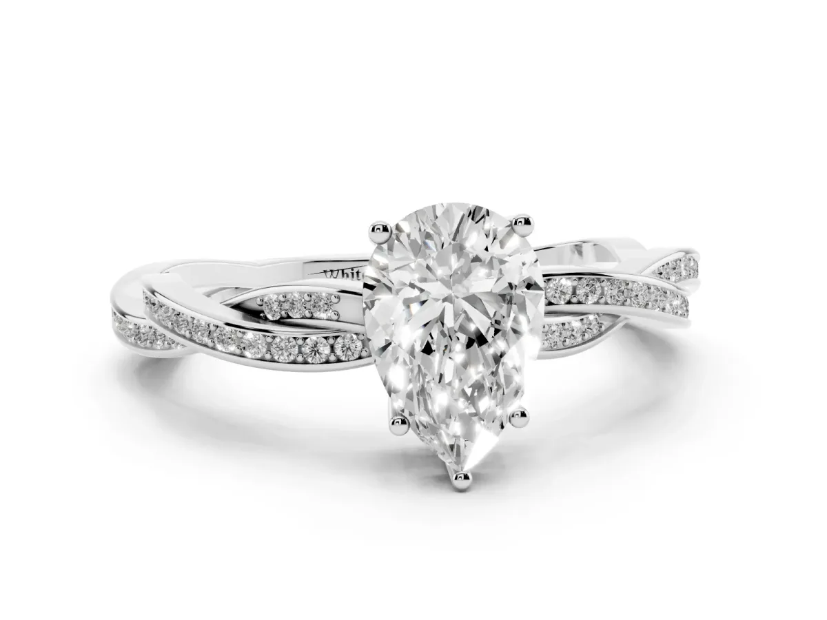 Pear Cut Solitaire Twisted Pave Diamond Ring with Four-Prong Setting White gold