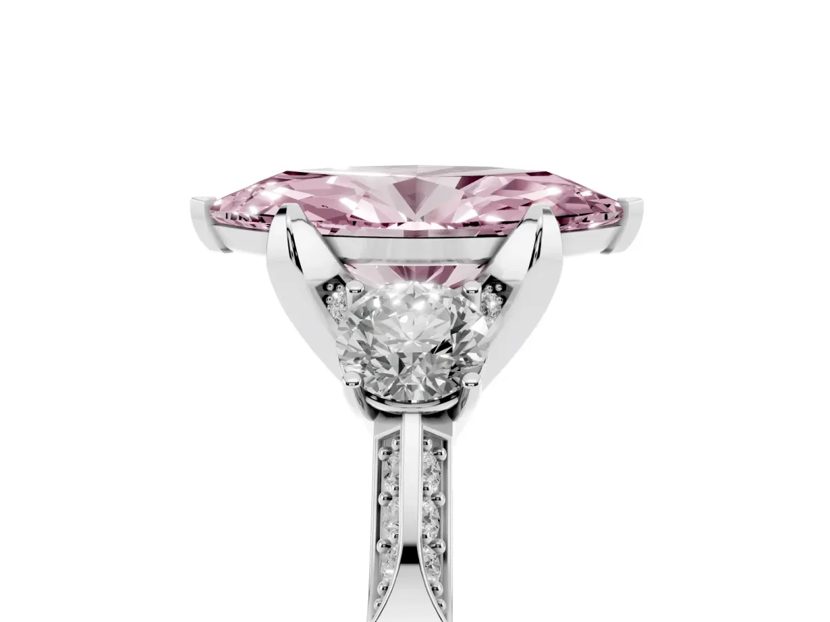 Fancy Pink Marquise Cut Brilliant Three-Stone Diamond Ring with Pavé Band and Four-Prong Setting Silver