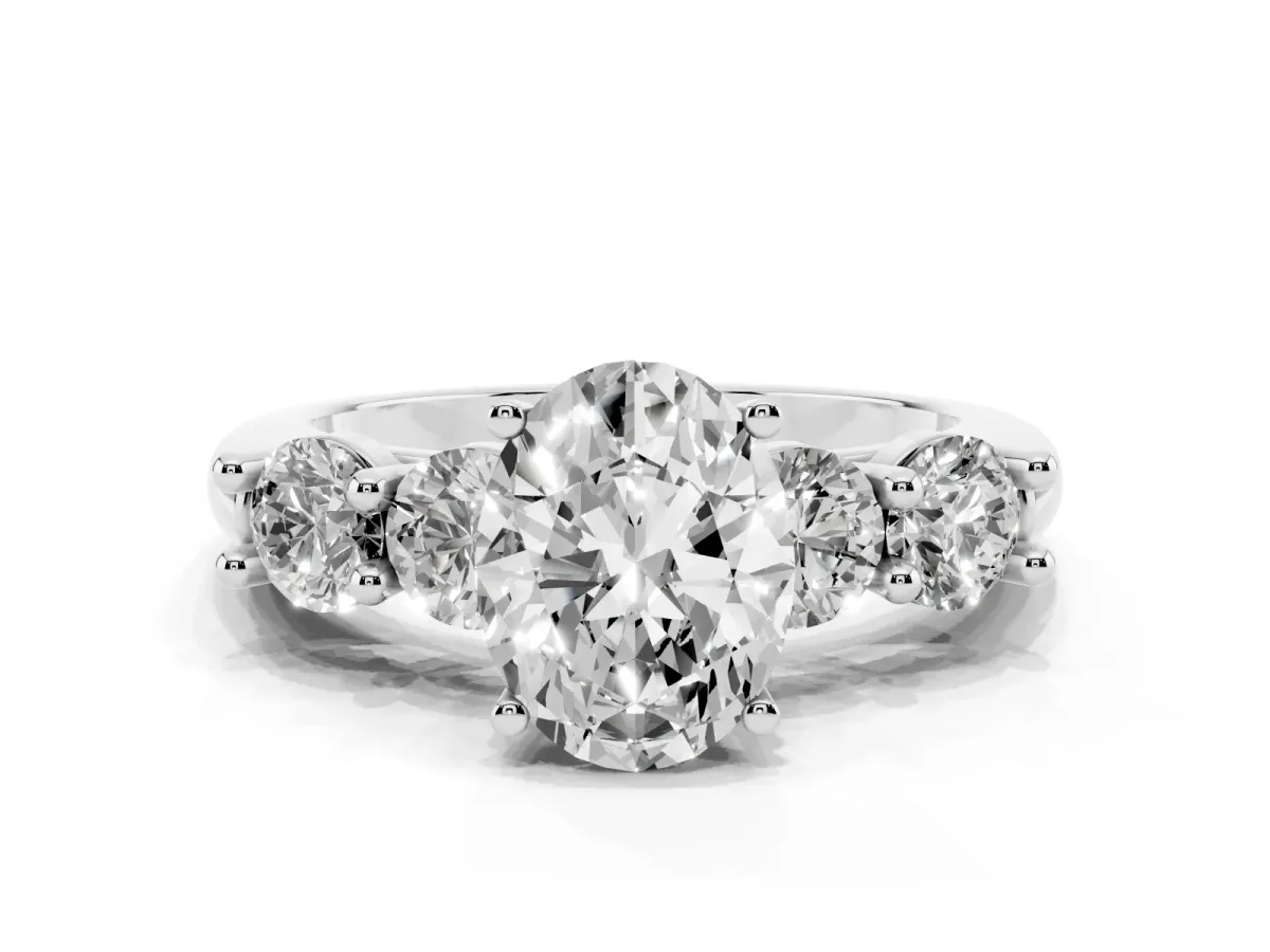 Oval Cut Cut Five-Stone Prong Set Diamond Ring with Classic Band Platinum