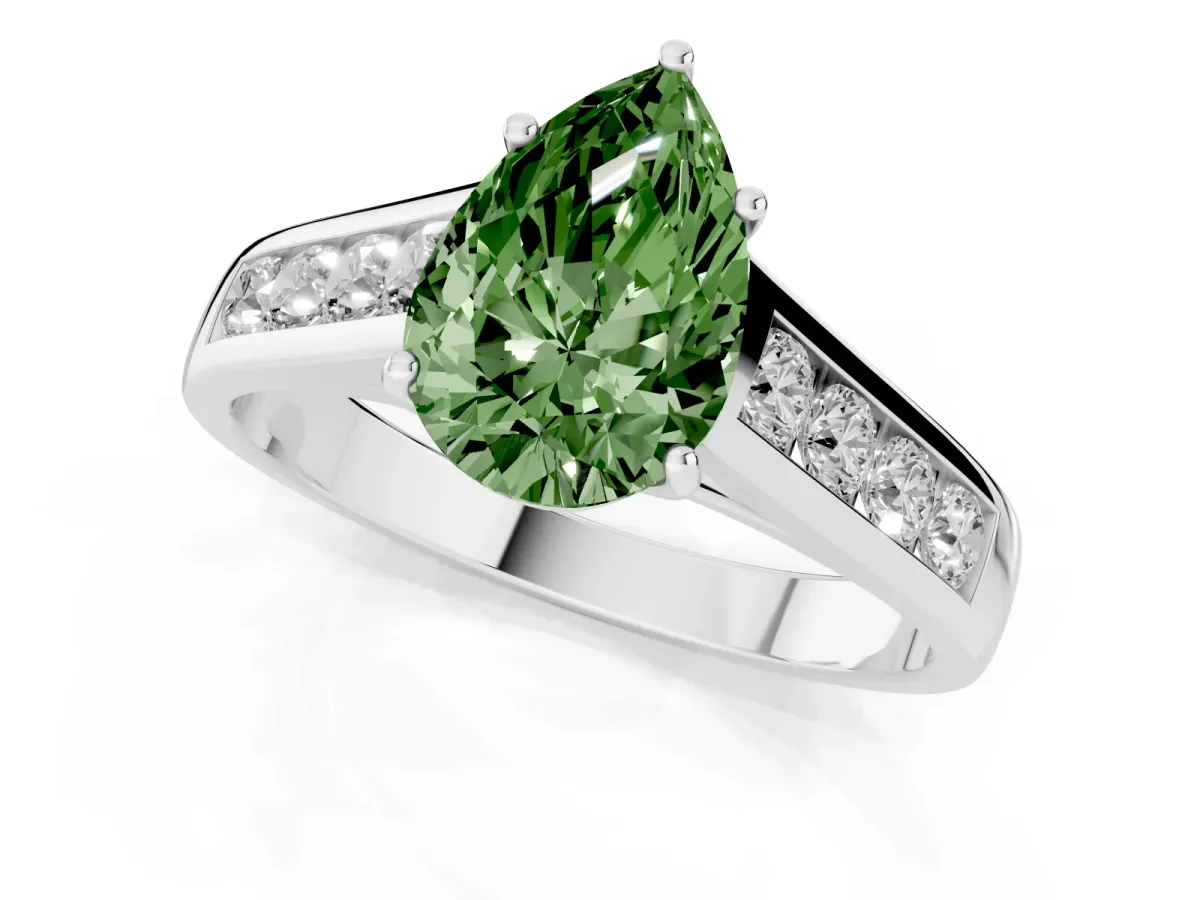 Fancy Green Pear Cut Solitaire Channel-Set Diamond Engagement Ring with Four-Prong Setting Platinum