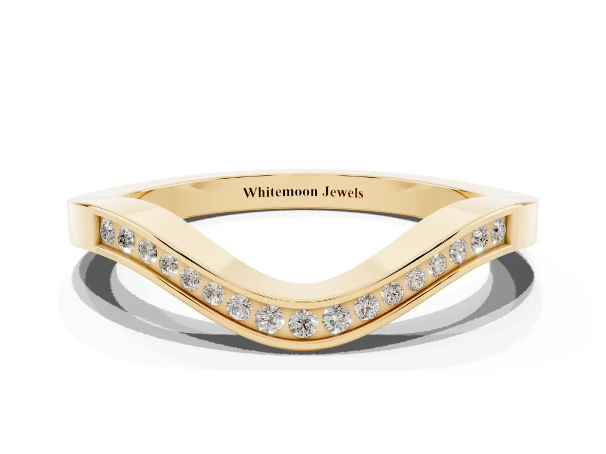 Round Cut Channel Set Wave Band with Pavé Setting Yellow gold