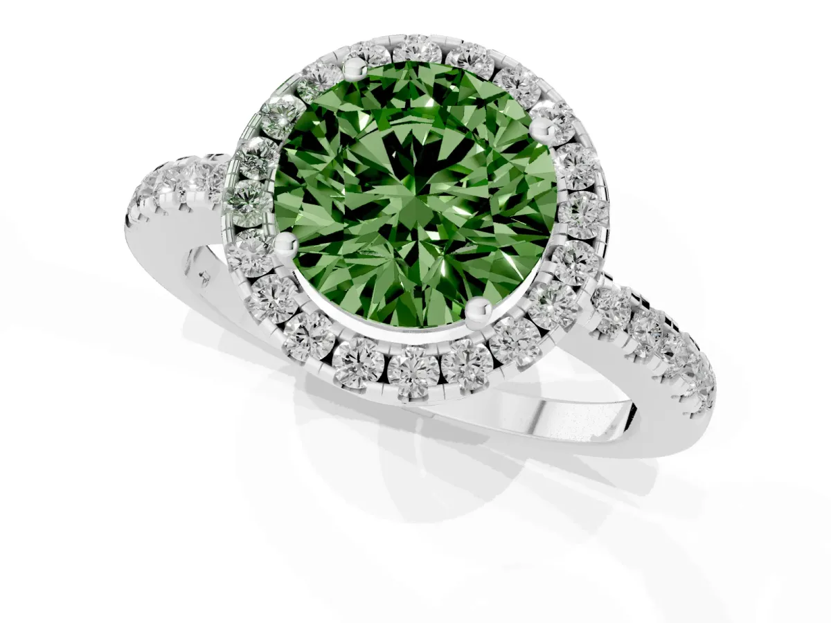 Fancy Green Round Cut Halo Diamond Engagement Ring with Pavé Band and Four-Prong Setting Platinum