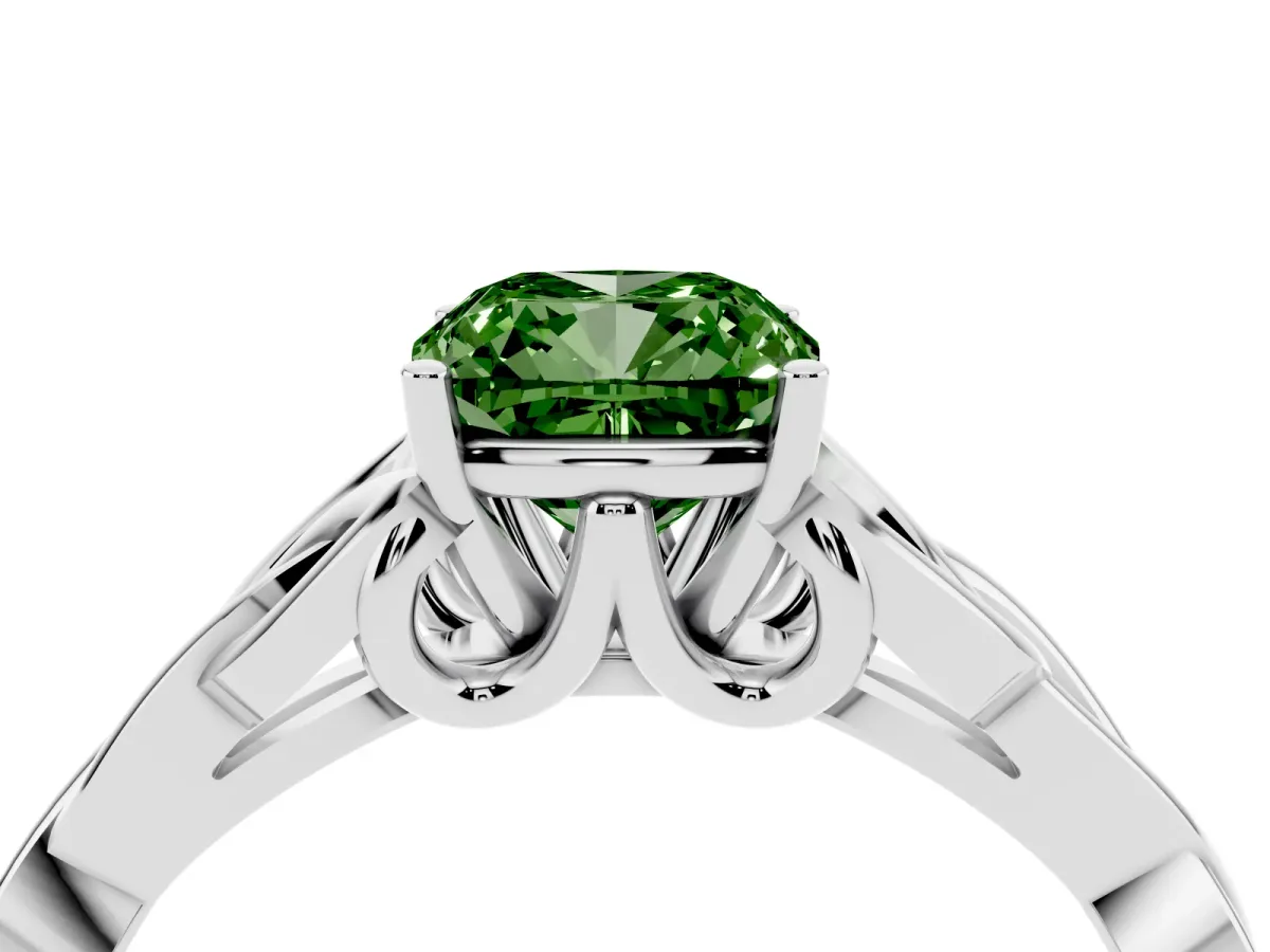 Fancy Green Cushion Cut Diamond Solitaire Engagement Ring with Celtic Knot Band and Four-Prong Setting Platinum