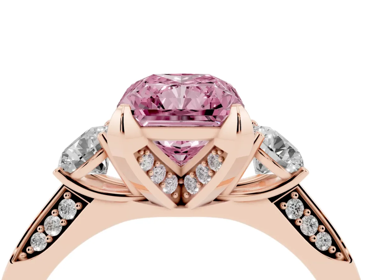 Fancy Pink Radiant Cut Brilliant Three-Stone Diamond Ring with Pavé Band and Four-Prong Setting Rose gold