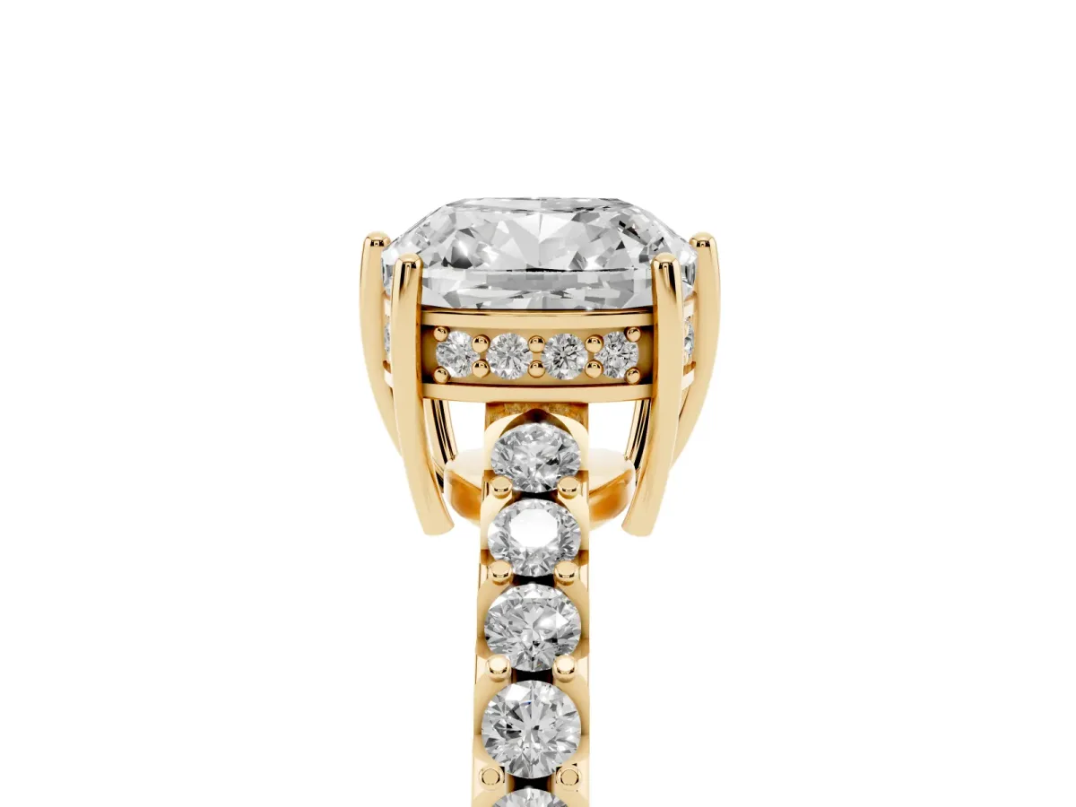 Cushion Cut Solitaire Diamond Engagement Ring with Pavé Band and Six-Prong Setting Yellow gold