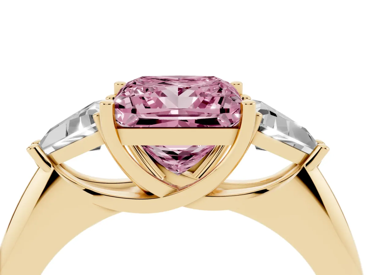 Fancy Pink Three-Stone Princess Cut Diamond Engagement Ring with Trillion Side Stones and Prong Setting Yellow gold