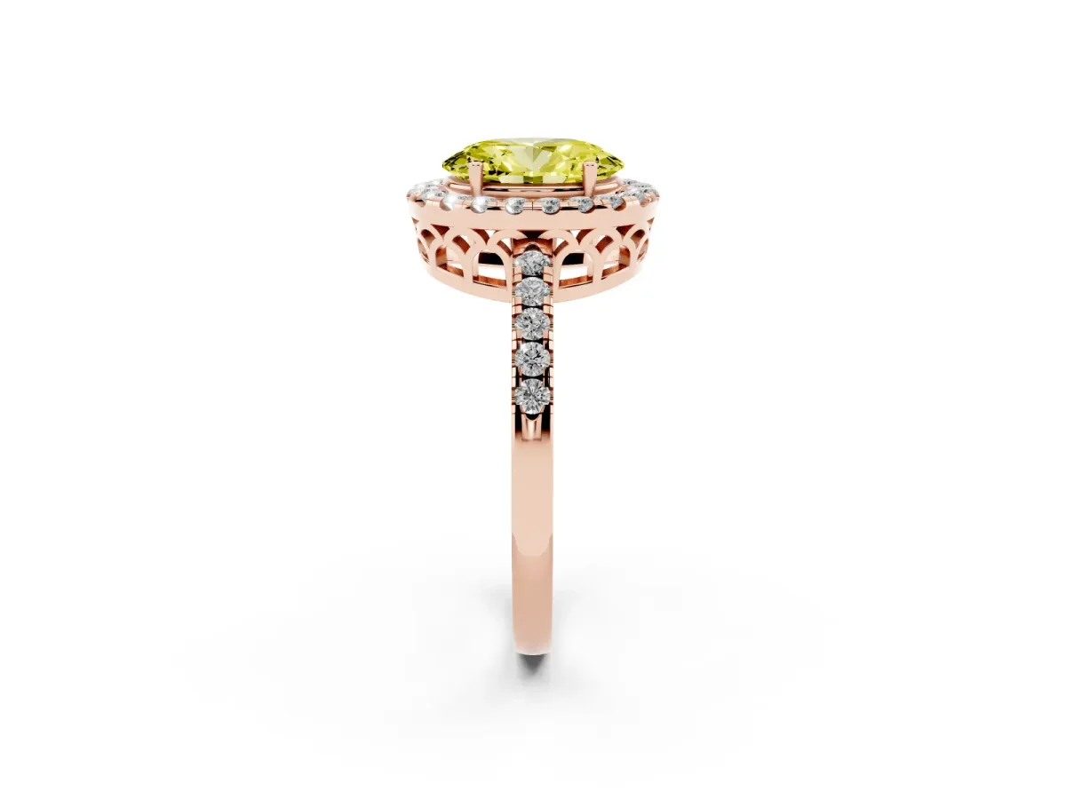 Fancy Yellow Oval Cut Halo Diamond Engagement Ring with Pavé Band and Four-Prong Setting Rose gold