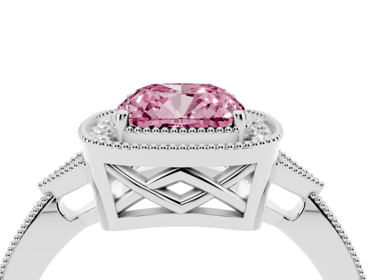 Fancy Pink Cushion Cut Halo Round Diamond Milgrain Pave Engagement Ring White gold
