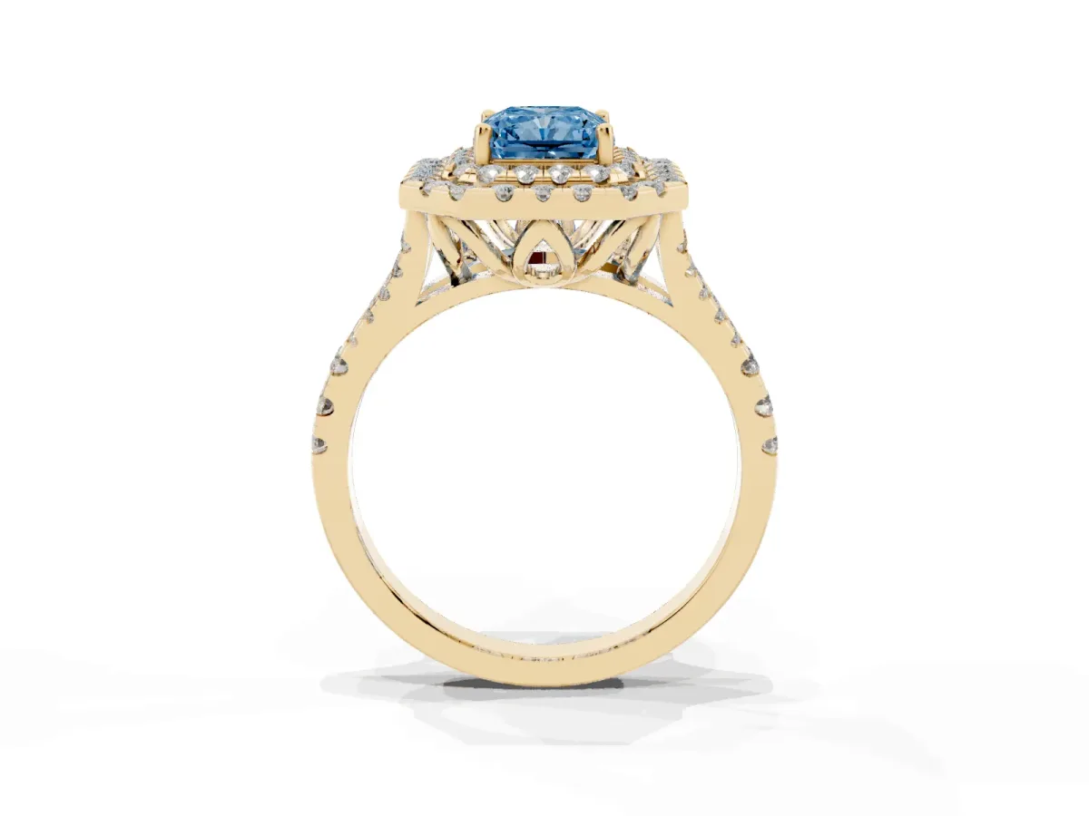 Fancy Blue Double Halo Radiant Cut Diamond Pavé Split Shank Ring with Prong Setting Yellow gold