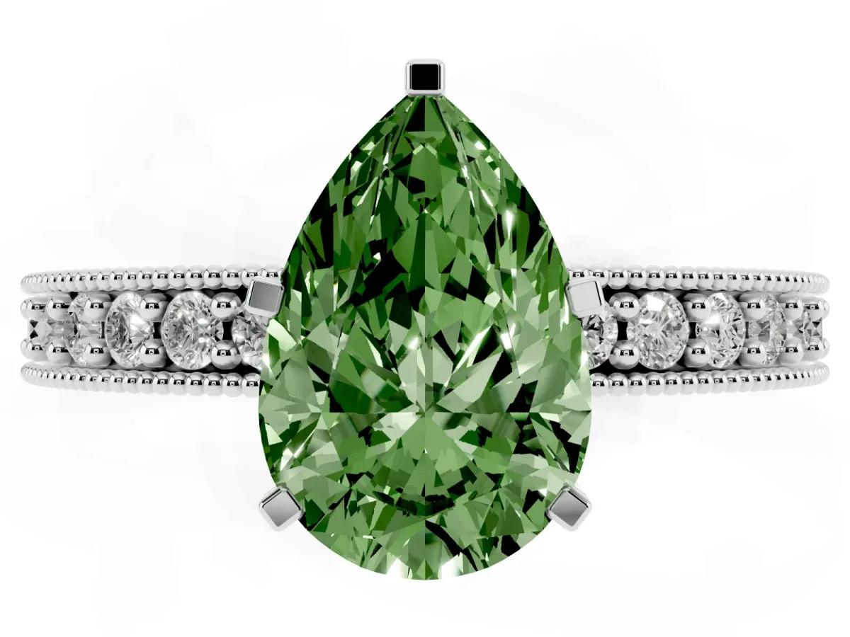 Fancy Green Pear Cut Diamond Milgrain Pavé Engagement Ring with Four-Prong Setting Silver