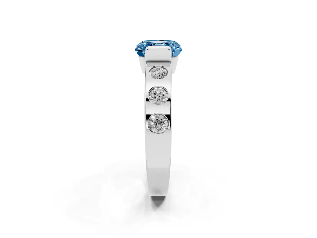 Fancy Blue Asscher Cut Brilliant Channel-Set Diamond Ring with Bezel Prong Setting Platinum
