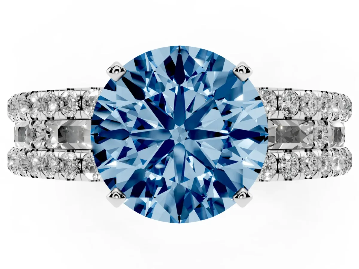 Fancy Blue Round Cut Diamond Solitaire Ring with Pavé and Channel Set Band Platinum