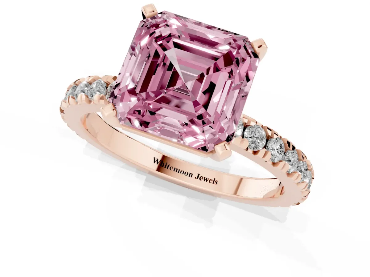 Fancy Pink Asscher Cut Diamond Pavé Band Solitaire with Four-Prong Setting Rose gold