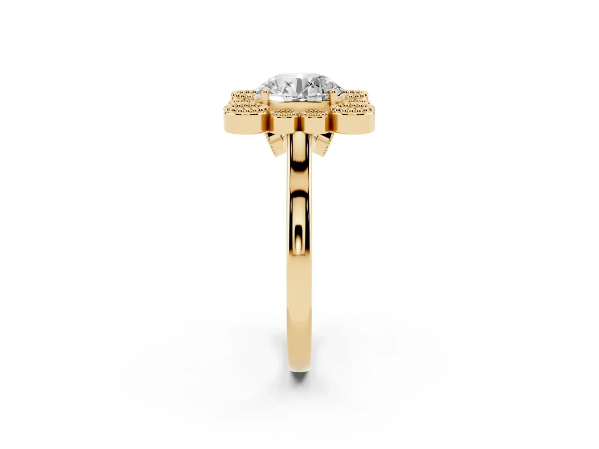 Round Cut Halo Diamond Cluster Engagement Ring with Milgrain Bezel Setting and Solitaire Band Yellow gold