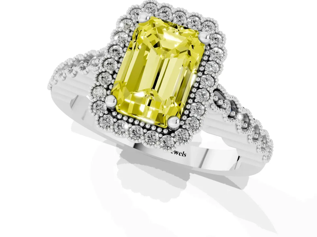 Fancy Yellow Radiant Cut Cut Halo Pavé Solitaire Ring with Milgrain Band White gold