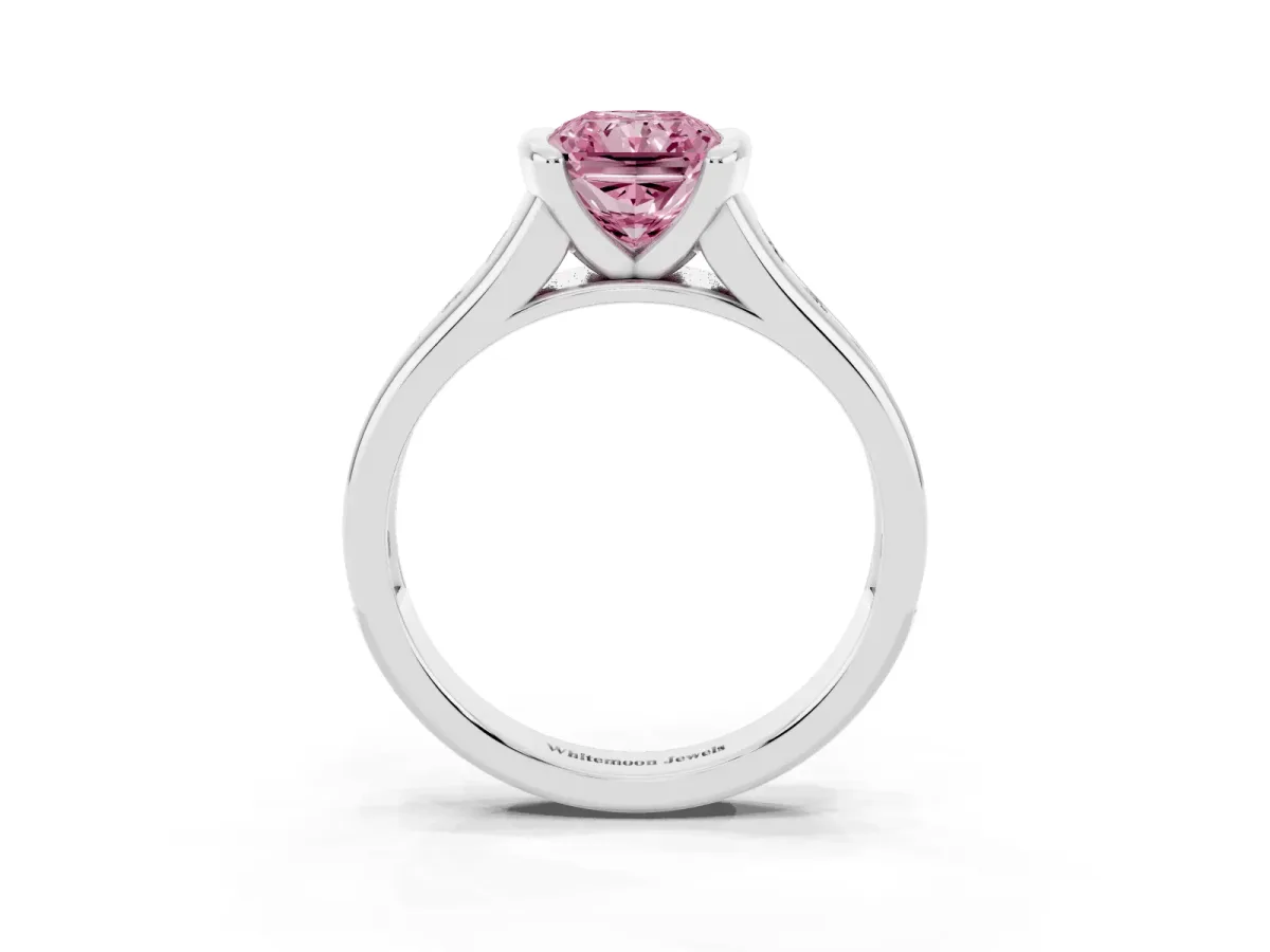 Fancy Pink Radiant Cut Solitaire Bezel-Set Diamond Ring with Channel-Set Band Silver