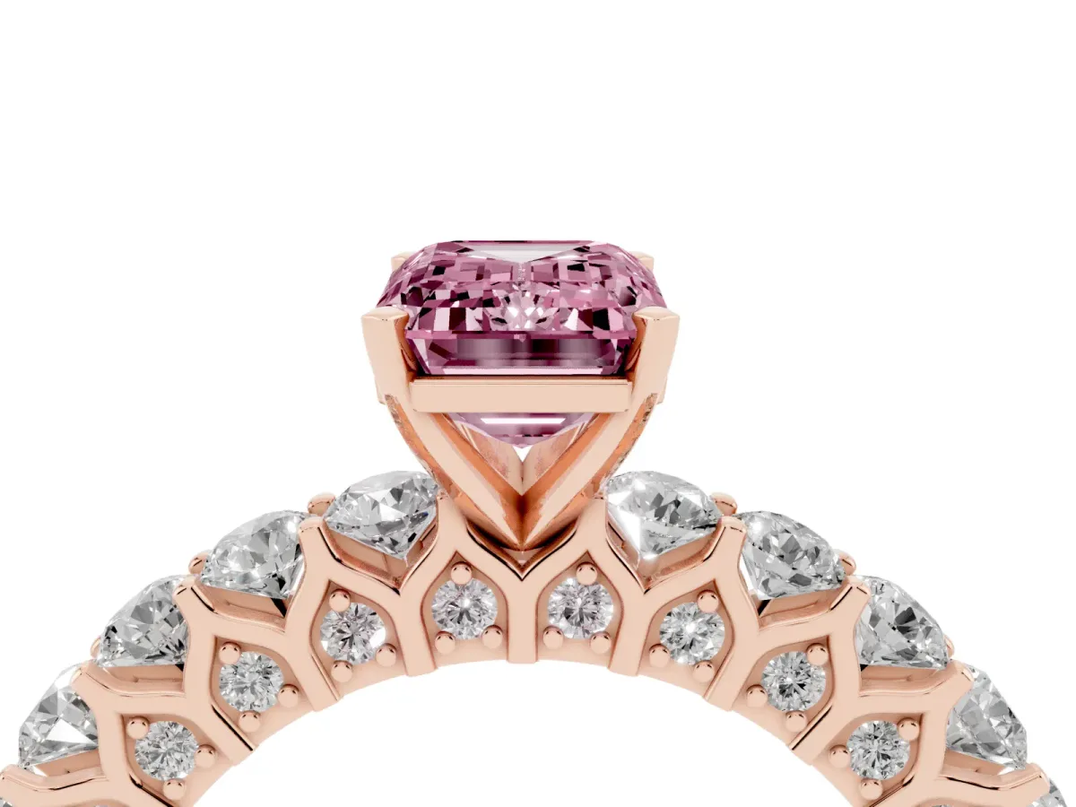 Fancy Pink Emerald Cut Diamond Solitaire Ring with Shared Prong Pavé Band and Four-Prong Setting Rose gold