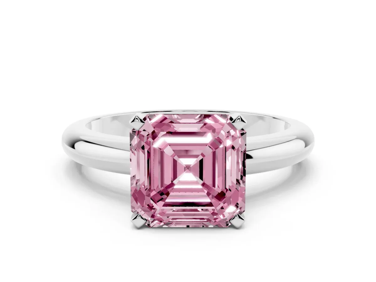Fancy Pink Asscher Cut Diamond Solitaire Engagement Ring with Round Band and Four-Prong Setting Platinum