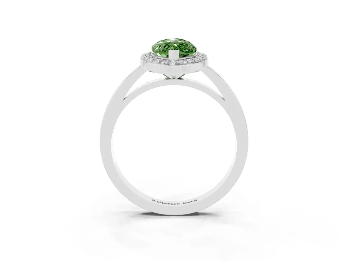 Fancy Green Marquise Cut Halo Diamond Ring with Solitaire Band and Prong Setting Silver