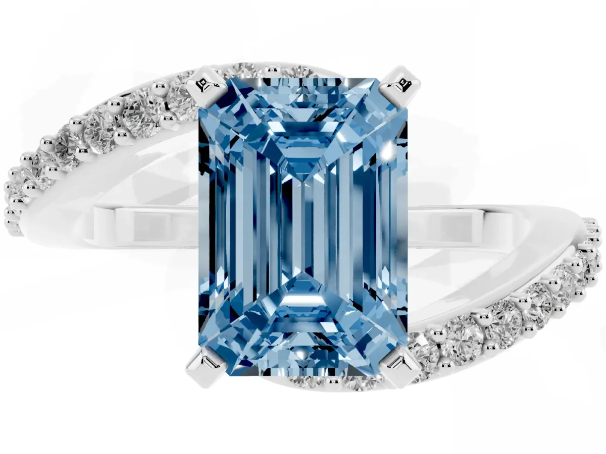 Fancy Blue Emerald Cut Solitaire Twist Band with Pave Set Diamonds and Four-Prong Setting Platinum