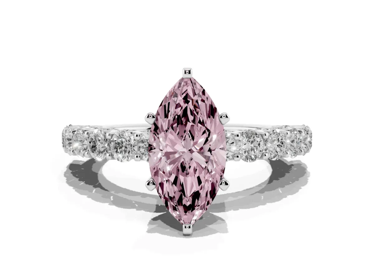 Fancy Pink Marquise Cut Diamond Solitaire Ring with Shared Prong Pavé Band and Four-Prong Setting Silver