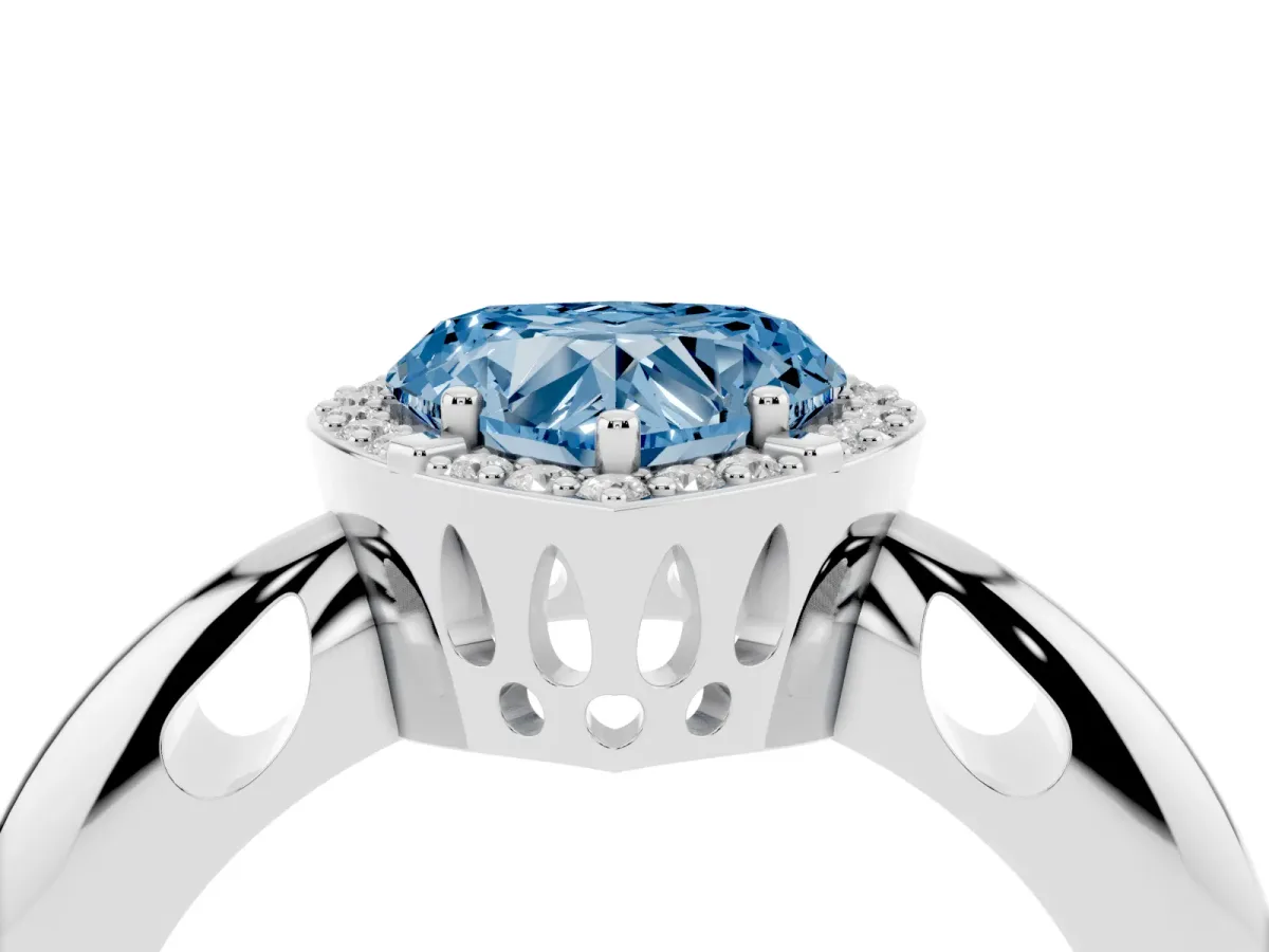 Fancy Blue Heart Cut Cut Diamond Halo Engagement Ring with Split Shank and Four-Prong Setting Silver
