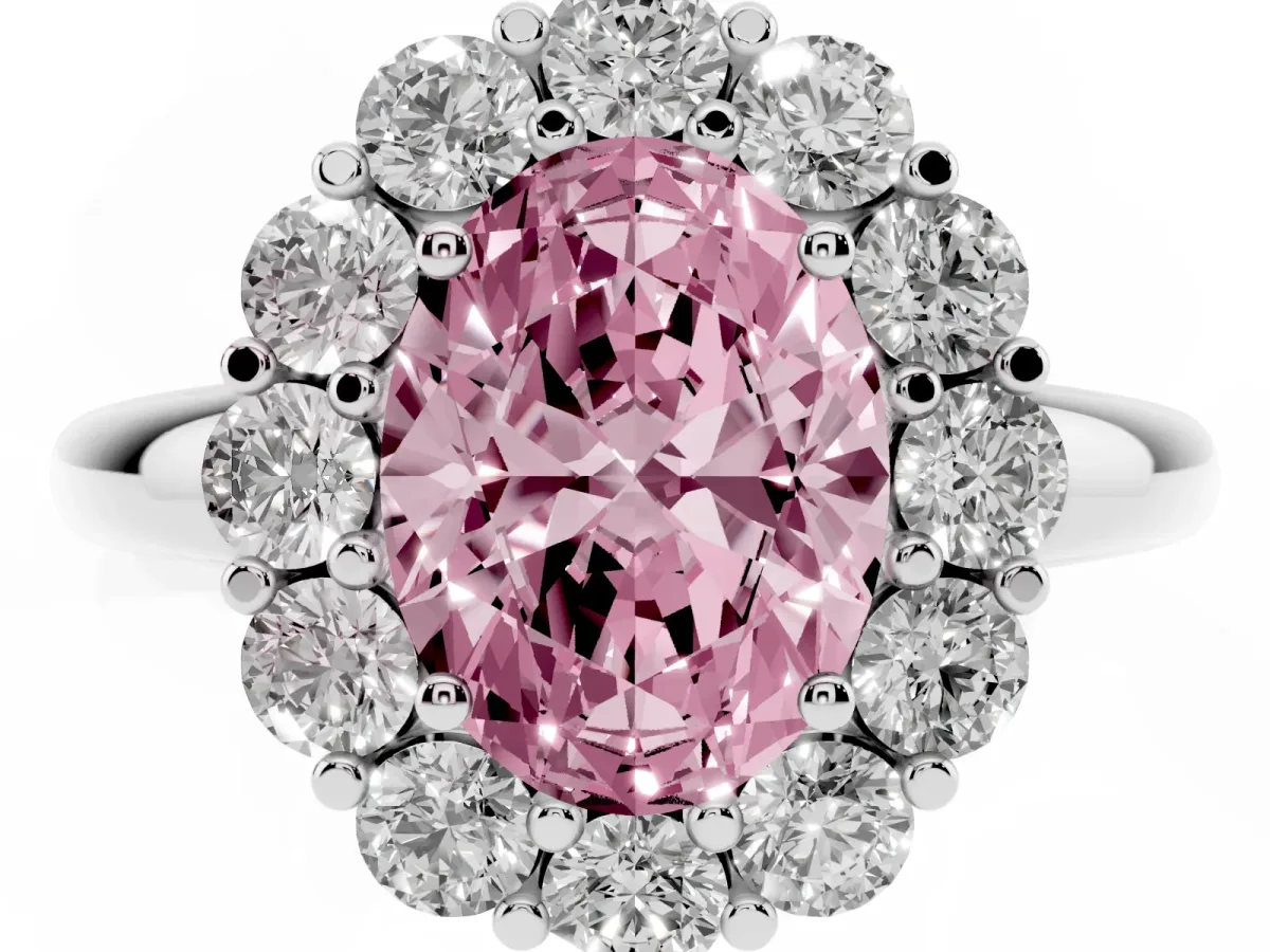 Fancy Pink Oval Cut Halo Cluster Diamond Engagement Ring with Prong Setting and Polished Band Platinum