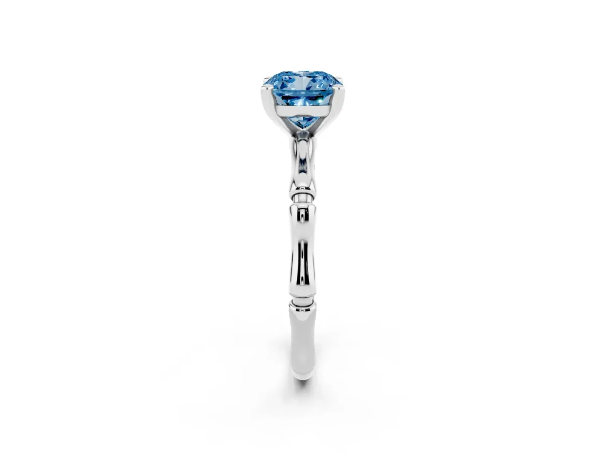 Fancy Blue Cushion Cut Solitaire Diamond Ring with Bamboo Band and Four-Prong Setting Silver