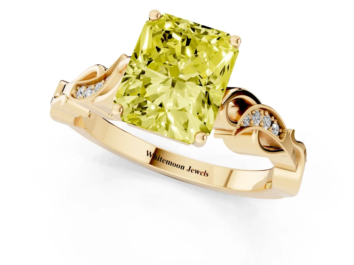 Fancy Yellow Radiant Cut Solitaire Vine Band with Milgrain Prong Setting Yellow gold
