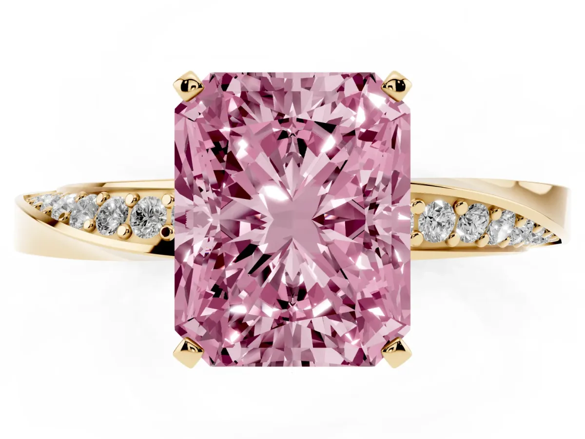 Fancy Pink Radiant Cut Diamond Engagement Ring with Side Stone Accents and Four-Prong Setting Yellow gold