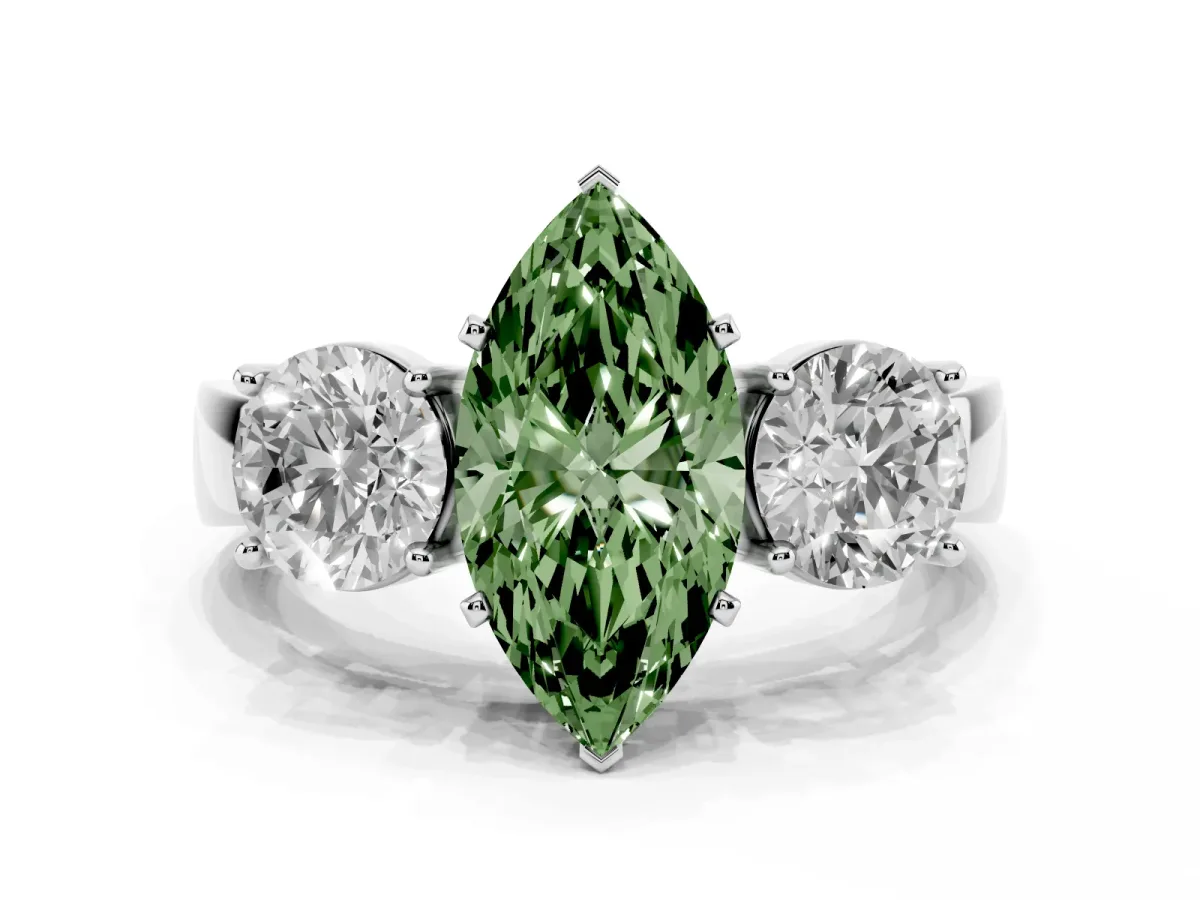 Fancy Green Three-Stone Marquise Cut Diamond Ring with Round Side Stones, Classic Band, and Four-Prong Setting Platinum