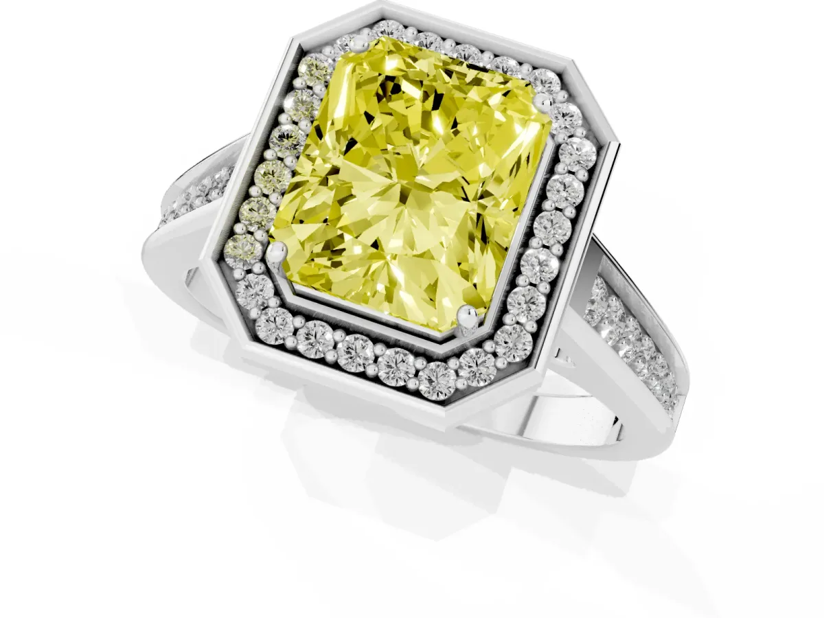 Fancy Yellow Emerald Cut Halo Solitaire Diamond Ring with Pave Band and Bezel Setting Silver