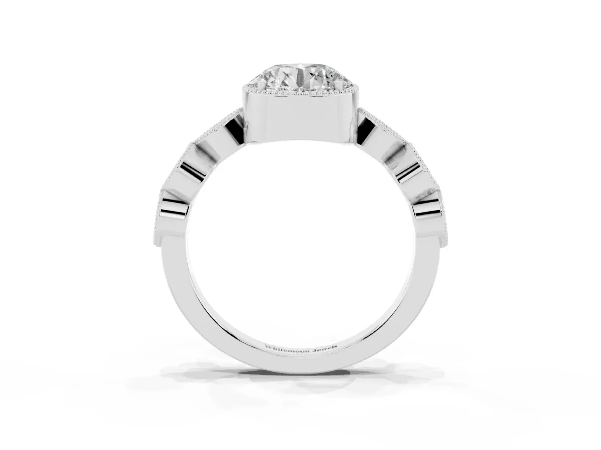 Round Cut Diamond Vintage Milgrain Ring with Round Stations Platinum