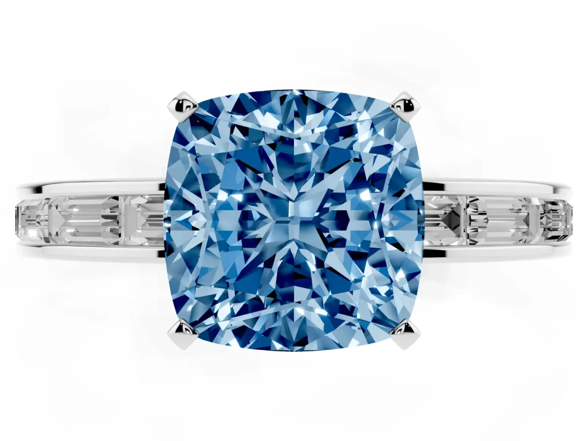 Fancy Blue Cushion Cut Solitaire Diamond Ring with Channel-Set Baguette Band and Four-Prong Setting Platinum