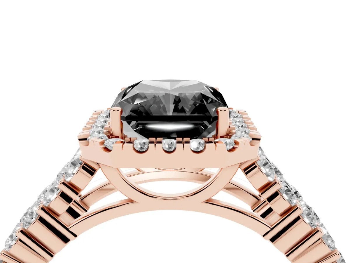 Fancy Black Radiant Cut Diamond Halo Engagement Ring with Triple Row Round Pavé Band and Prong Setting Rose gold