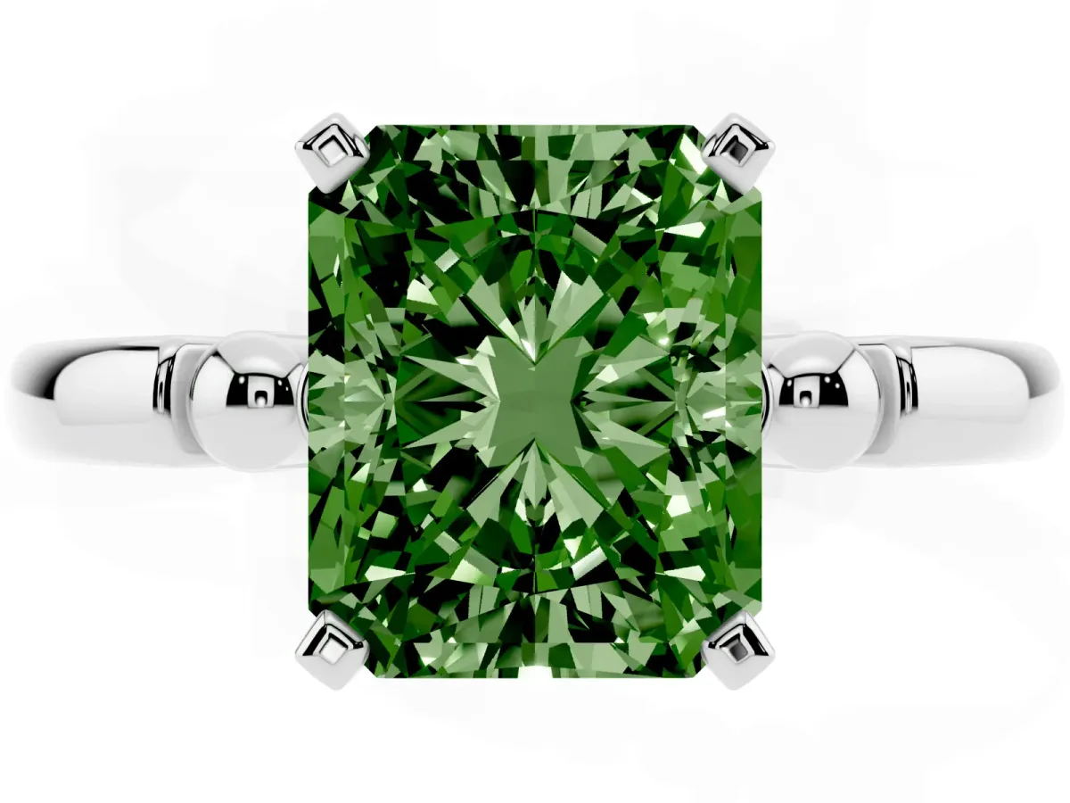Fancy Green Radiant Cut Solitaire Beaded Band with Four-Prong Setting Silver