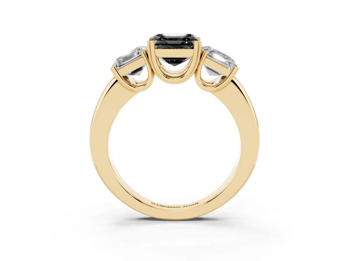 Fancy Black Three-Stone Asscher Cut Cut Diamond Ring with Channel Set Band and Four-Prong Setting Yellow gold