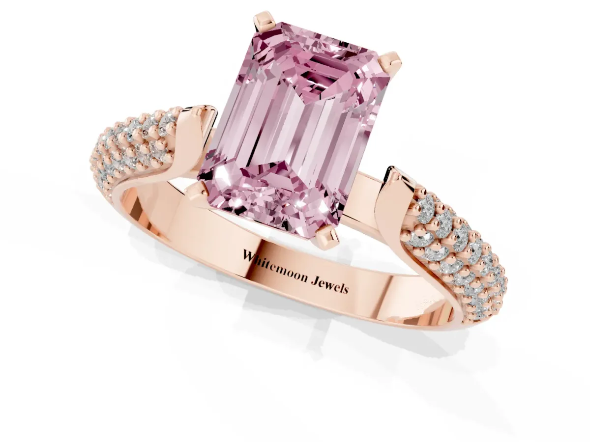 Fancy Pink Emerald Cut Diamond Solitaire Engagement Ring with Multi-Row Round Pavé Band and Prong Setting Rose gold