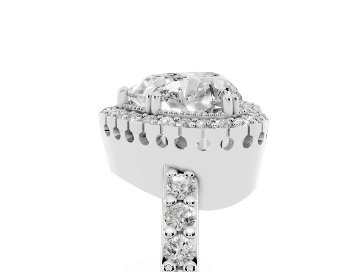 Heart Cut Cut Diamond Halo Engagement Ring with Milgrain Detail and Pavé Band Silver