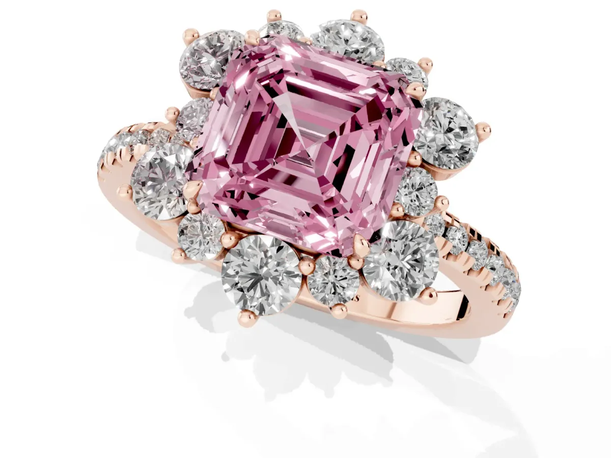Fancy Pink Asscher Cut Diamond Floral Halo Ring with Round Pavé Band and Prong Setting Rose gold