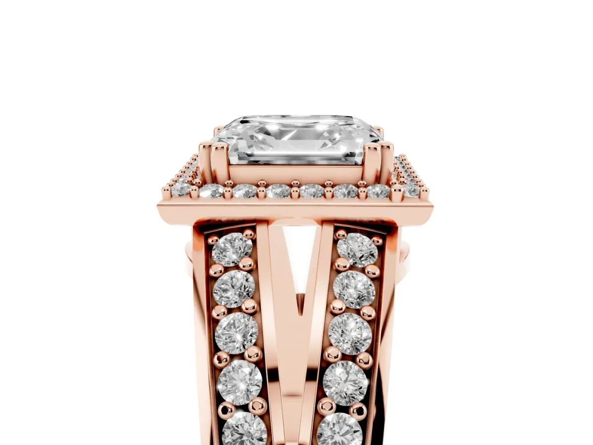 Asscher Cut Diamond Halo Ring with Split Shank Pavé Band and Four-Prong Setting Rose gold