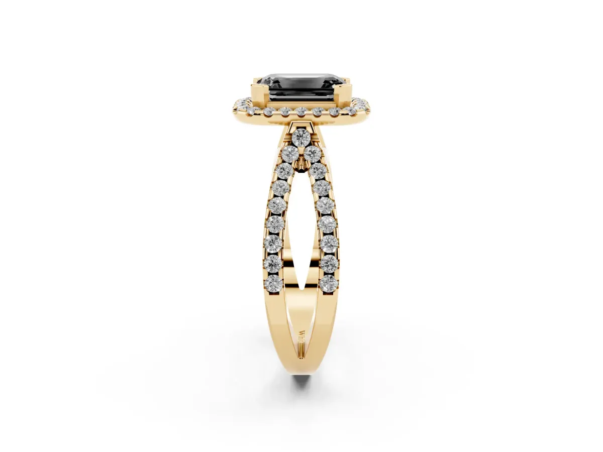 Fancy Black Emerald Cut Diamond Halo Ring with Split Shank Pavé Band and Prong Setting Yellow gold