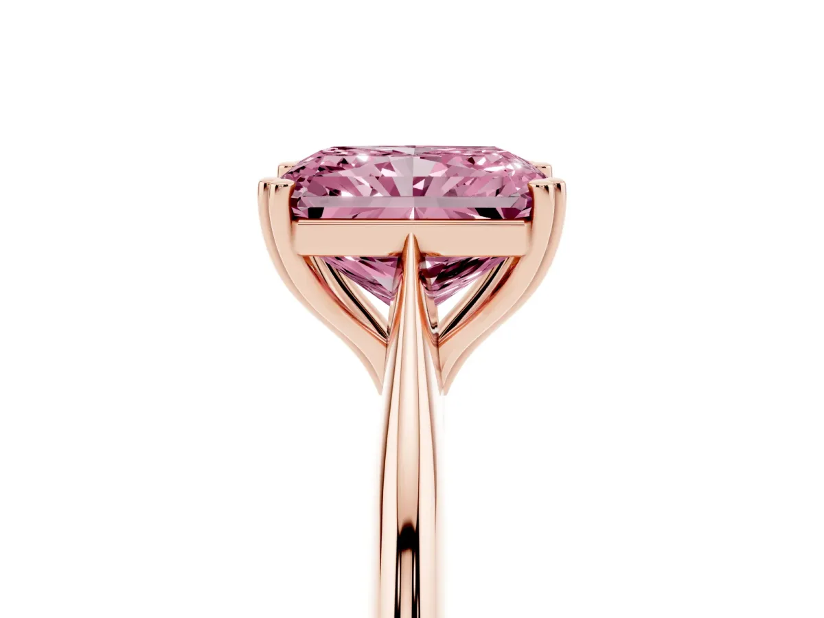 Fancy Pink Radiant Cut Solitaire Diamond Ring with Six-Prong Setting and Classic Band Rose gold