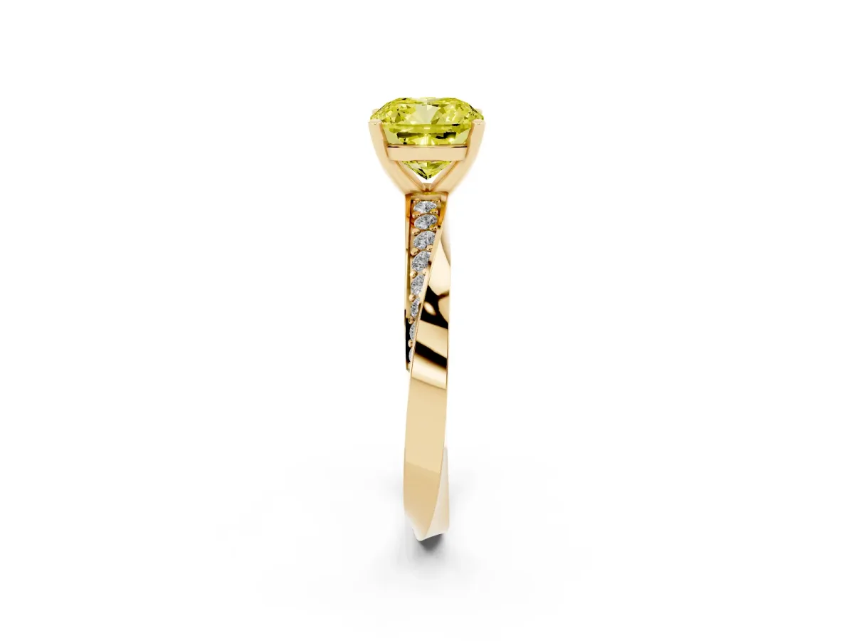 Fancy Yellow Cushion Cut Diamond Engagement Ring with Side Stone Accents and Four-Prong Setting Yellow gold