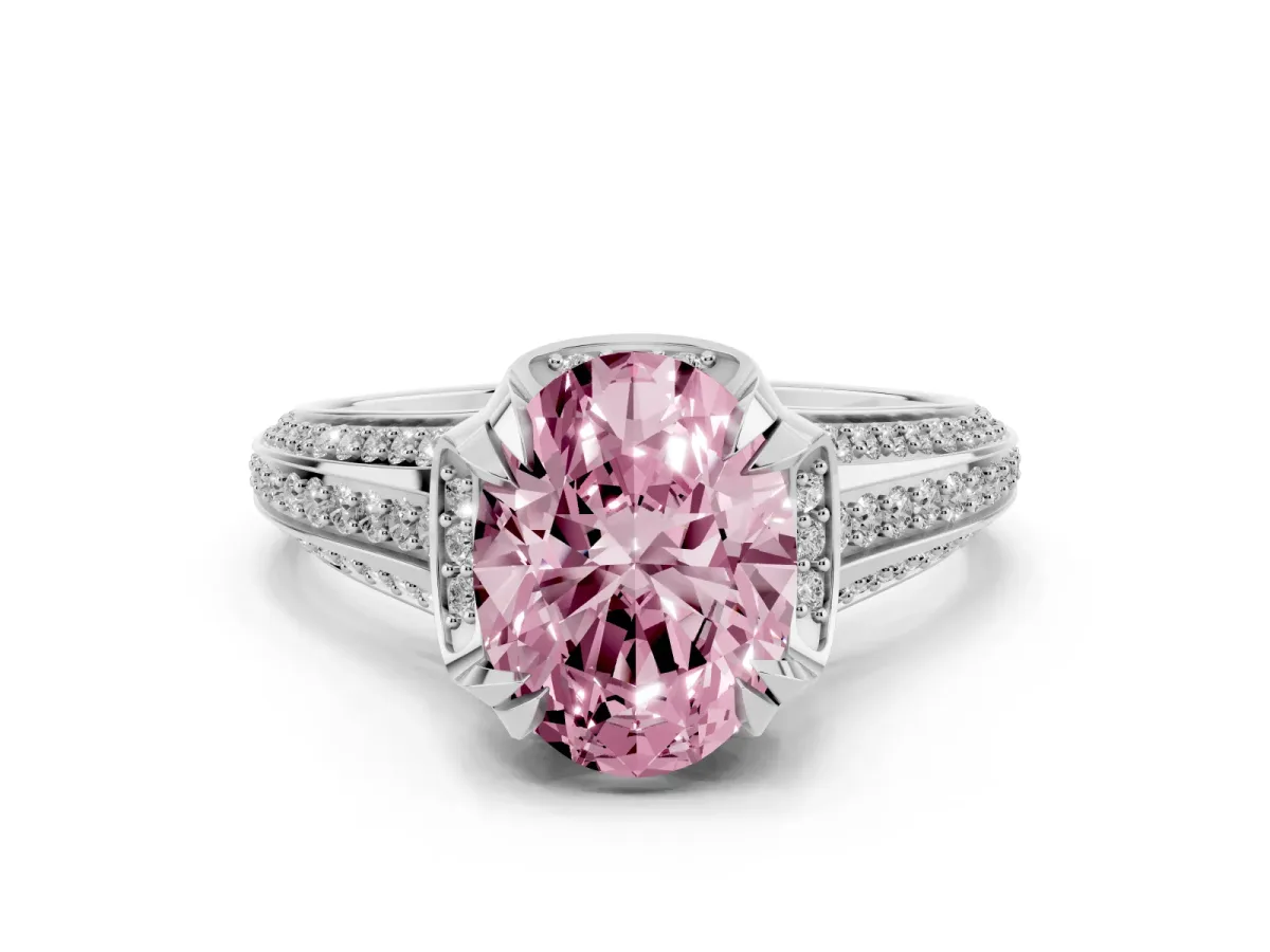 Fancy Pink Oval Cut Solitaire Pave Split Shank Ring with Four-Prong Setting Platinum