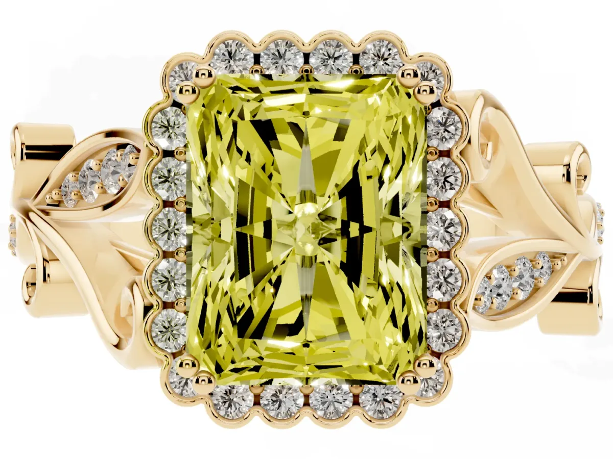 Fancy Yellow Radiant Cut Diamond Halo Ring with Vintage Split Shank and Four-Prong Setting Yellow gold
